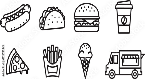 Assorted food items and a food truck depicted in a minimalist black and white illustration Vector