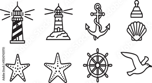 Assorted nautical icons including lighthouses, an anchor, a shell, stars, and a seagull Vector