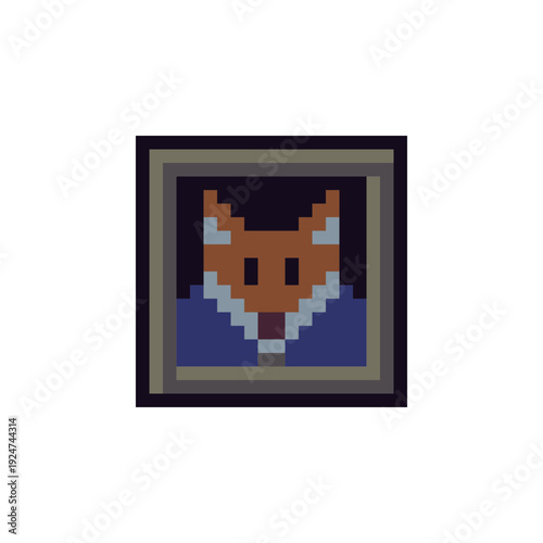 Fox portrait in decorative frame pixel art icon, retro styled character artwork, UI icon, collectible item, fantasy game, decorative asset, and vintage themed interface.