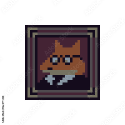 Fox in glasses portrait in decorative frame pixel art icon, retro styled character artwork, UI icon, collectible item, fantasy game, decorative asset, and vintage themed interface.