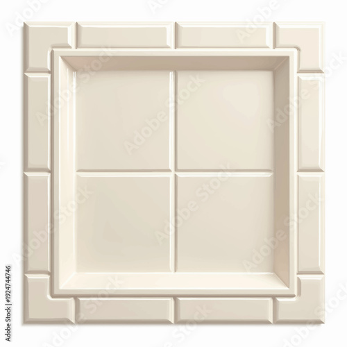 Modern minimalist cream tiled shower niche or wall shelf insert with a clean geometric design perfect for organized bathroom storage and home renovation.
