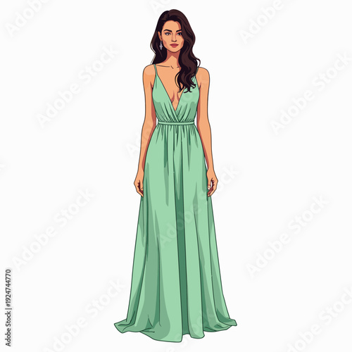 Elegant mint green floor-length evening gown featuring a deep V-neck and a flowing silhouette for summer weddings prom galas and formal ballroom events.
