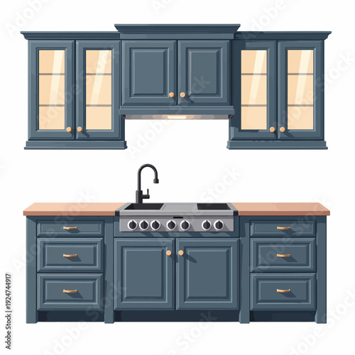Upgrade your culinary space with these modern blue kitchen cabinets featuring elegant glass doors and a built-in stove perfect for home renovation ideas.
