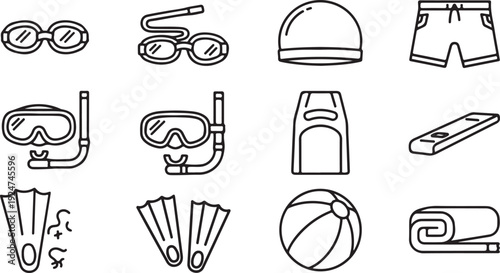 Assorted beach and swimming items illustrated in black and white Vector