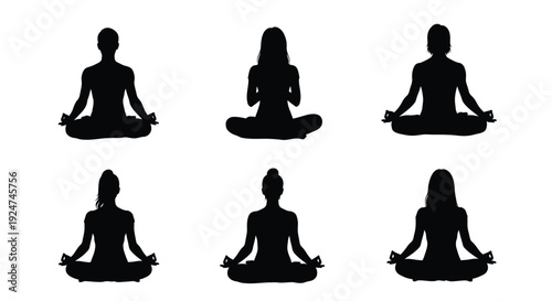 Six silhouettes of people meditating in various lotus positions