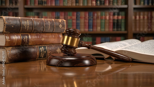 Law Books and Judge Gavel in Library