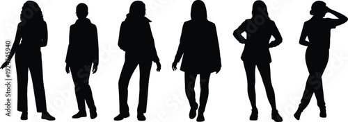 Set of young women silhouettes in casual and business outfits for fashion lifestyle and urban planning cad drawing flat vector illustration