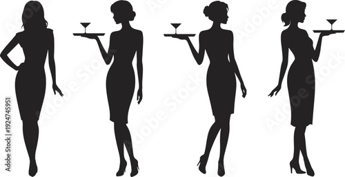 Set of elegant waitress silhouettes holding drink trays wearing cocktail dresses for restaurant catering service cad drawing flat vector illustration