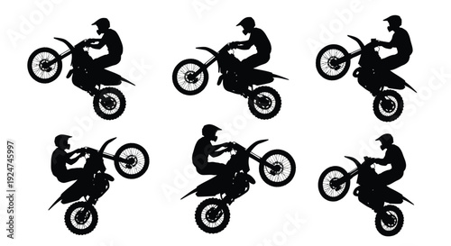Silhouettes of motocross riders on dirt bikes in various action poses