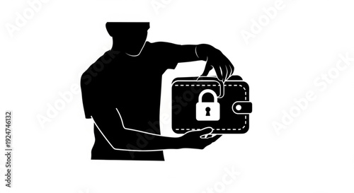 Black silhouette of a person holding a briefcase with a padlock