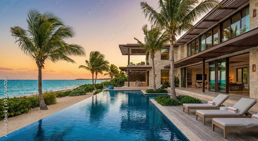 Obraz premium Luxury beachfront villa with infinity pool at sunset