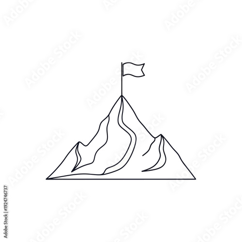 A solitary flag stands proudly atop a majestic mountain peak, symbolizing achievement and success against a minimalist white background.