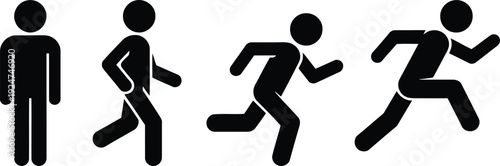 A row of black stick figures depicts standing, walking, and various stages of active running on white