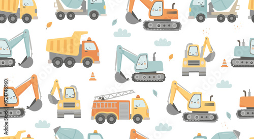 Cute Construction Vehicles Seamless Pattern, Kawaii Excavator and Truck Flat Vector Illustration