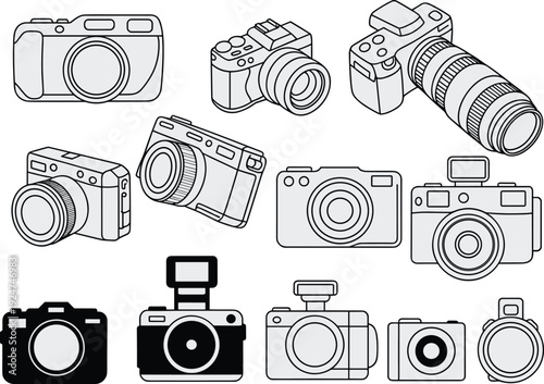 Camera silhouettes, photography icons, DSLR outline, compact camera, mirrorless design, vintage model, lens detail, flash unit, technology, evolution, vector illustration