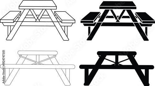 Picnic table vector illustration, outdoor furniture design, silhouette and outline artwork, rectangular and round table styles, garden seating concept, icon set