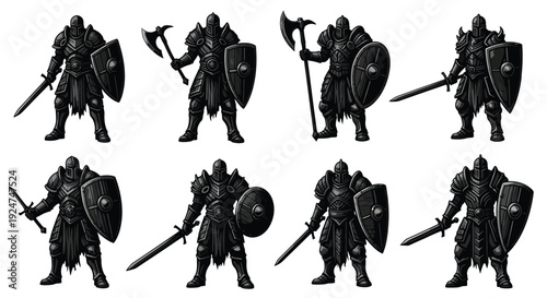 Medieval knights in full armor with swords and shields multiple poses