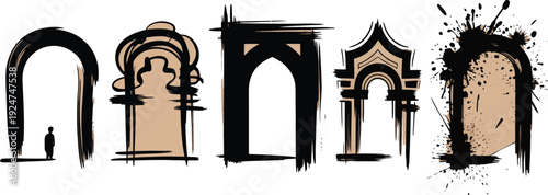 Diverse Architectural Arches with Sketchy Brush Strokes and Splatter Effects