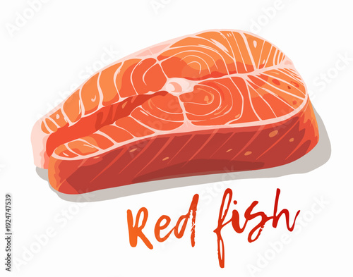 Cartoon illustration of red fish fillet, rich color and detailed texture for healthy dining and culinary culture. Vector icon isolated on white background for restaurant menus, food blogs