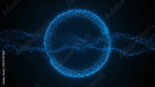 Abstract blue particle circle with flowing wave animation on dark background. Digital data visualization, technology, and energy concept.