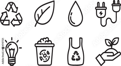 Icons representing various aspects of environmental sustainability and energy efficiency Vector