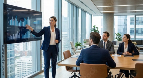 Female executive presenting financial data in modern office