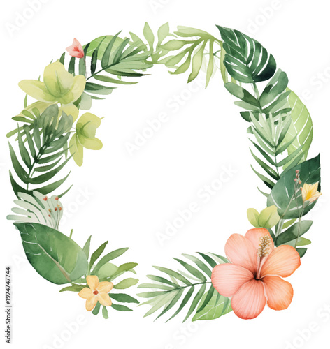 Beautifully crafted wreath composed of vibrant tropical leaves and stunning flowers set on white background, creating a striking visual appeal that captures the essence of natures beauty. Vector back
