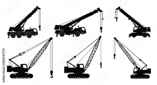 Silhouettes of mobile cranes in various operational positions