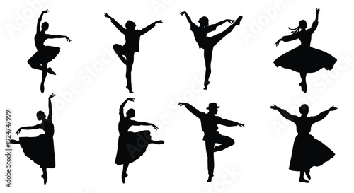 Silhouettes of ballet dancers in various poses a graceful artistic collection
