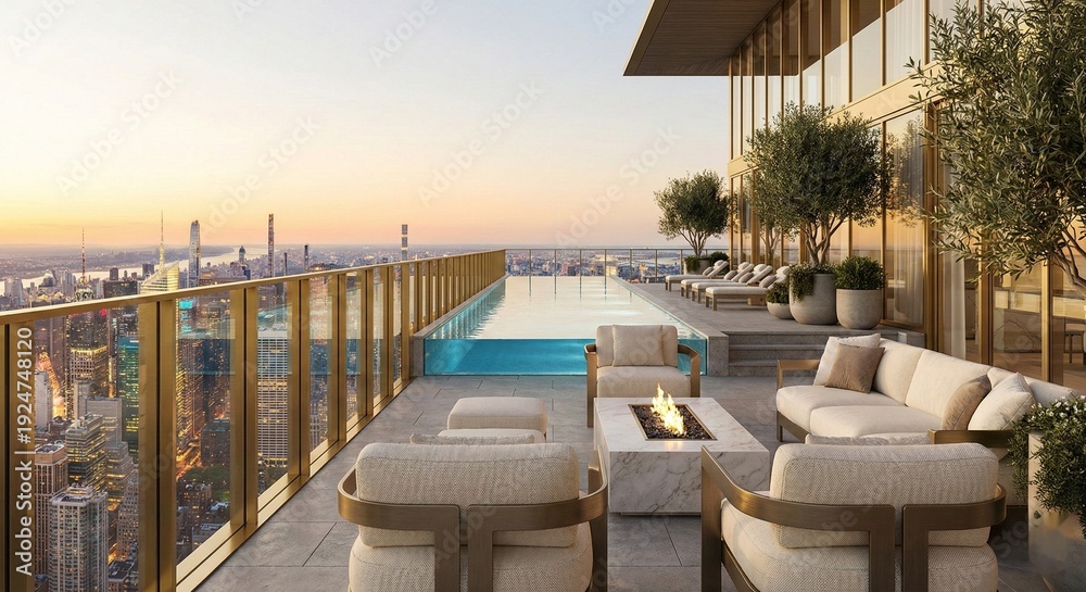Fototapeta premium Luxury Rooftop Infinity Pool and Modern Lounge