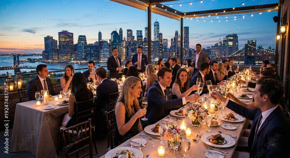 Obraz premium Elegant Rooftop Dinner Party with Manhattan Skyline View