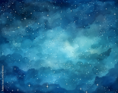Watercolor painting of stunning night sky with twinkling stars and fluffy clouds drifting through the atmosphere peaceful midnight setting vector design. Mesmerizing night sky