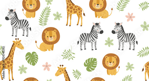 Cute Safari Animals Seamless Pattern, Kawaii Lion Zebra Giraffe Flat Vector Illustration