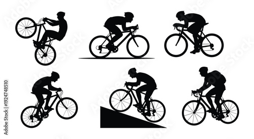 Silhouettes of cyclists performing various tricks and riding uphill