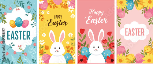 Happy Easter Vertical Banner Set with Cute Bunny, Colorful Eggs, and Spring Flowers Flat Illustration