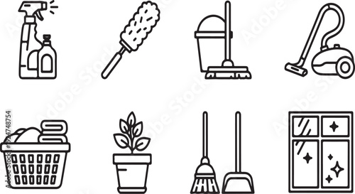 Illustrations of various cleaning tools and supplies arranged in a grid Vector