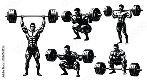 Weightlifting sequence overhead press squat and variations illustrated in black