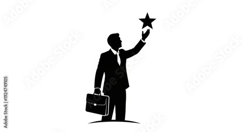 Silhouette of a businessman reaching for a star with briefcase