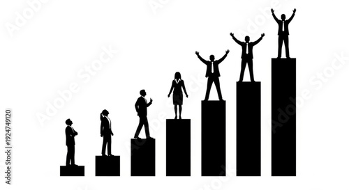 Black silhouettes of people on ascending bars graph