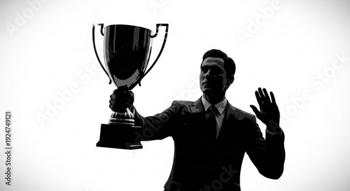 Silhouette of a man in a suit holding a trophy cup