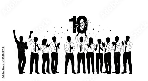 Ten businessmen celebrating in a row