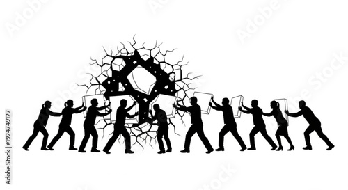 Silhouette of people pulling on ropes to break a puzzle piece