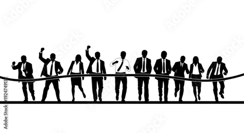Silhouette of business people balancing on a tightrope in various poses