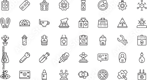 Assorted icons representing various objects and activities in black and white Vector