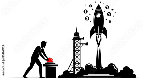 Black silhouette of a man launching a rocket into space