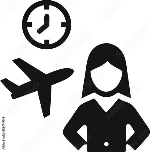 Business Woman Planning Air Travel with Airplane Symbol and Clock for Time Management