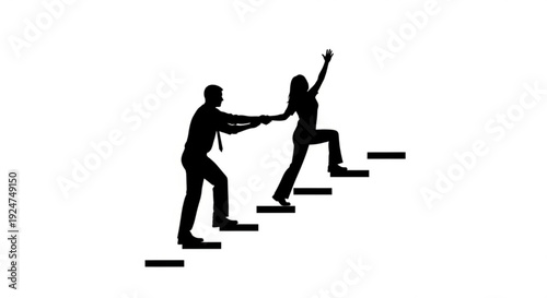 Silhouette of man helping woman climb up stairs with one hand