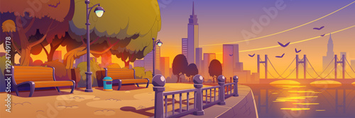 Summer landscape of sea beach embankment at sunset