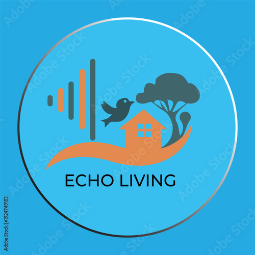 "Echo Living Logo Design with House, Tree, Bird, and Audio Wave Symbols for Eco-Friendly Real Estate or Sustainable Housing