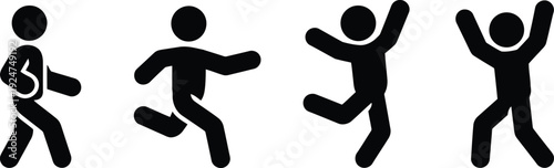 Black stick figures illustrate walking, running, jumping, and celebrating success with arms raised high
